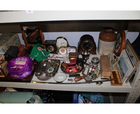 An oak cased two hole mantel clock, a stone ware jar, a bridge board, two cased sets of dominoes, silver plated trays, magnif