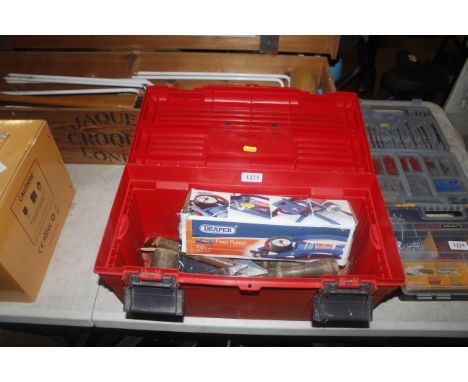 A red plastic tool box containing various tools to include a Draper foot pump; a mallet; chisels etc.