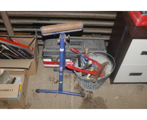 A large plastic tool box with quantity of tools to include screw drivers, hammer etc. together with a bucket containing tools
