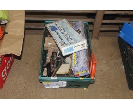 A box containing a quantity of tools to include Draper multi rasp set, Tool Zone dent puller, wood planes, mallets etc.