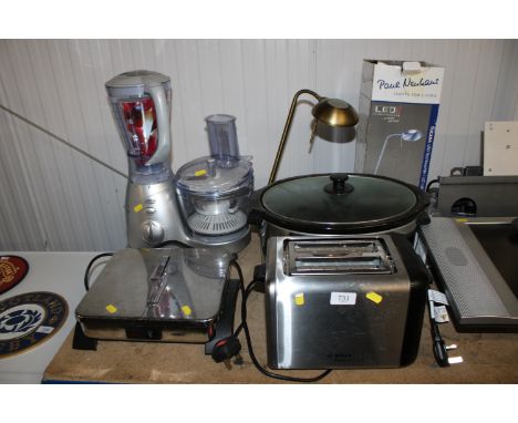 A Bosch two slice toaster, a Morphy Richards slow cooker, a Breville food blender, table lamp and a Princess grill