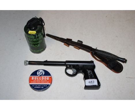 A T J Harrington &amp; Son GAT gun, air rifle pellets and a Bayonet in scabbard and including a training smoke grenade&nbsp;