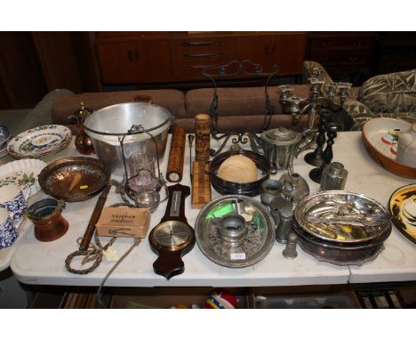 A collection of various metal ware to include a copper jug; a candelabra; teapots; a preserve pan; a reproduction barometer; 