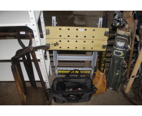 A Bench'N'Vice workmate together with a toolbag containing a small quantity of tools