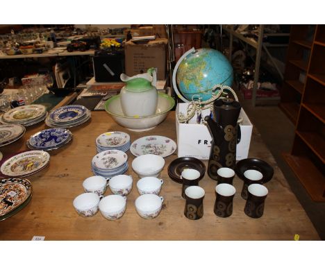 A Denby tea set together with a Czechoslovakian tea set; a wash jug and bowl; a world globe and a light fitting 