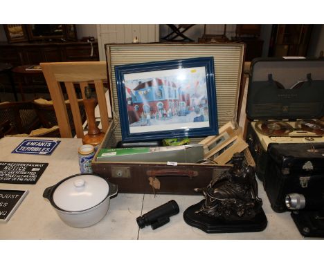 A leather suitcase together with a wooden table lamp; Ros Donaldson print; an Art Deco style figure; picture frames etc.