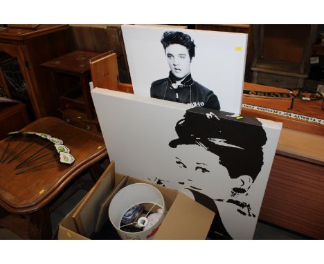 Two prints on canvas of Elvis Presley and Audrey Hepburn and a box containing two Denby vases, prints etc.