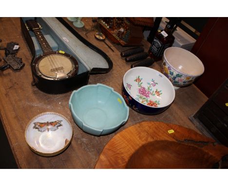 A Poole floral decorated pedestal bowl, a Woods &amp; Sons 'Sheraton' patterned bowl, a Langley Pottery bowl and a lustre dec