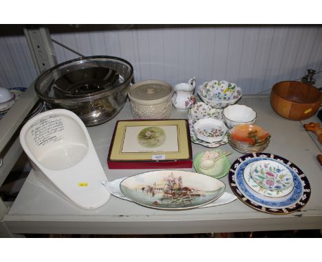 A Royal Crown Derby plate, a Royal Crown Derby "Derby Posies" jug, a Royal Doulton "Home Waters" number 8384 dish, a stone wa