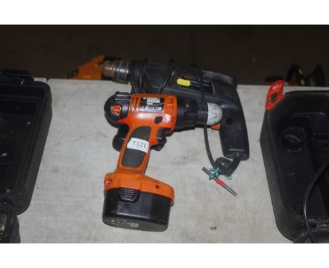 A Black & Decker corded drill together with a Black & Decker cordless drill with battery 