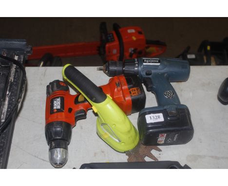 An Agojama drill together with Garden Gear shears and a Black & Decker cordless drill