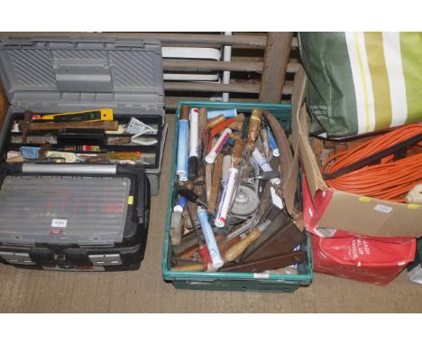 A box containing a quantity of tools to include screw driver's, chisels, wooden measuring rule etc