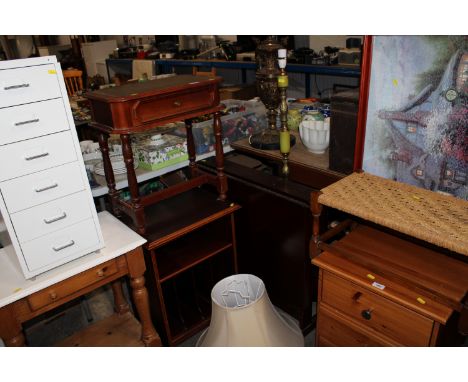 An onyx and brass style standard lamp, a drop leaf table, record cabinet and reproduction side table with leather inset top