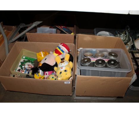 Three boxes containing various children's toys; soft toys; kitchenalia etc.