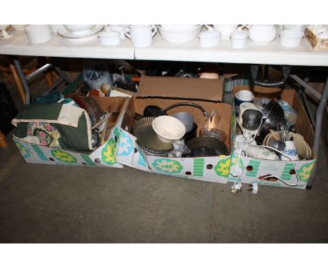 Five boxes containing various kitchenalia to include a Kenwood food processor; mixing bowls; Pyrex etc.