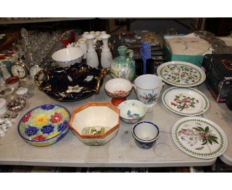 A Portmeirion 'Botanic Garden' cake stand; two Portmeirion dishes; an Italian twin handled dish; a Studio pottery jug; a Sats