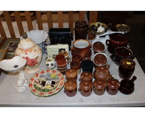 A set of scales and weights; a pair of Falcon binoculars; a vintage radio; a table lamp; Royal Worcester fireproof porcelain;