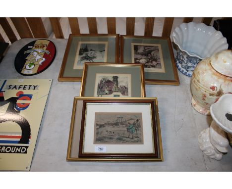 Three gilt framed prints: 'The Winds Tale', 'The Snow Queen' and 'Little Grey Men'; a framed print of a hunting scene togethe