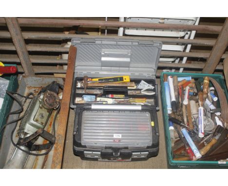 Two plastic tool boxes with contents of tools to include hammer, drill bits, screw drivers etc.
