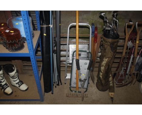 A step ladder; a garden kneeler and a quantity of garden tools
