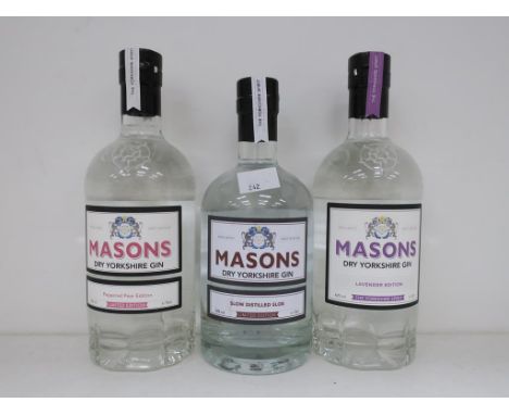 * Three bottles of Masons Dry Yorkshire Gin: a 70cl bottle of Slow Distilled Sloe Gin 42% vol, a 70cl bottle of Lavender Edit