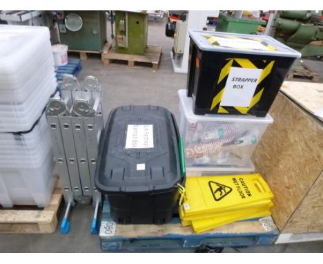 *  A mixed lot to include Caution Wet Floor Signs Strapper and Strapping Consumables, foldable ladder