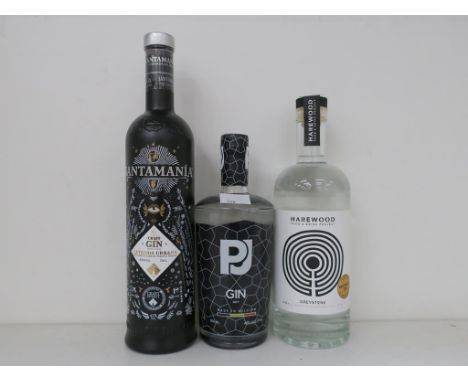 * Three bottles of Gin: a 50cl bottle of PJ Dry Gin 40% vol, a 70cl bottle of Harewood Greystone Gin 42% vol, a 70cl bottle o