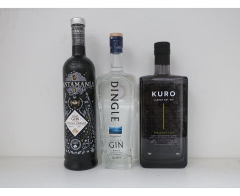 * Three bottles of Gin: a 70cl bottle of Kuro London Dry Gin 43% vol, a 70cl bottle of Dingle Original Gin 42.5% vol, a 70cl 