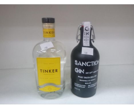 * Two bottles of Gin: a 50cl bottle of Sanction Gin (Post Truth Era) 43% vol, a 70cl bottle of Tinker Premium Gin 40% vol,  (