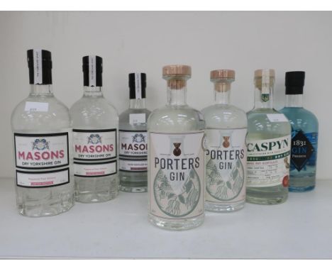 * Seven bottles of Gin: 2 x 70cl bottles of Porters Gin 41.5% vol, 2 x 70cl bottles of Masons Dry Yorkshire Peppered Pear Edi