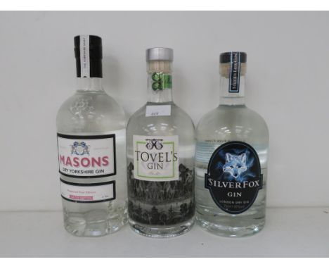 * Three bottles of Gin: a 70cl bottle of Tovel's Gin 45%, a 70cl bottle of Masons Dry Yorkshire Gin (Peppered Pear Edition) 4