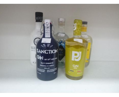 * Five bottles of Gin:  a 50cl bottle of PJ Apple Gin 40% vol, a 50cl bottle of Sanction Navy Strength Gin 57% vol, a 70cl bo