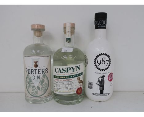 * Three bottles of Gin: a 70cl bottle of Caspyn Midsummer Dry Gin 40% vol, a 70cl bottle of 987 Nueveochosiete London Dry Gin
