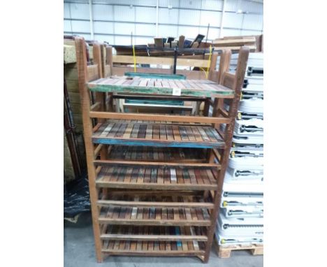 * 2 x 5 Tier Wooden Shelves, 1 x Metal 5 Tier Shelf Unit and 1 x 3 Tier Slanted Wooden Rack