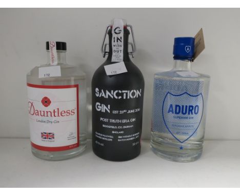 * Three bottles of Gin: a 70cl bottle of Dauntless London Dry Gin 43% vol, a 50cl bottle of Aduro Superior Gin (Explosive Spi