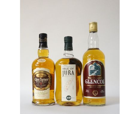 3 MALT WHISKIES
Three bottles of Malt Whisky including: ISLE OF JURA 10 YEAR OLD single malt scotch whisky.  70cl.  40% abv. 