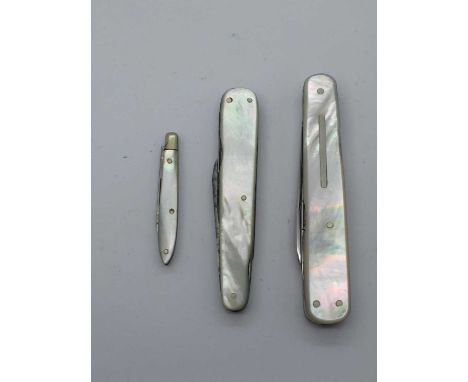 Needham Brothers, mother of pearl scales, two blades, scissors, spike, nail file, brass linings 8.5cm, Renshaw and Son, Sheff