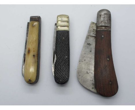 Pocket Knife, J. Adams, Sheffield, one blade, file, jigged scales, n/s bolster 9cm, Eye Witness pruner, wood scales, metal bo