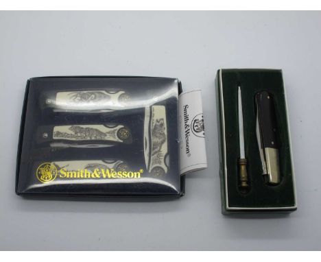 Smith and Wessen; Lock knives with various etched scales, bear, deer, wolf and eagle; 1 XL George Wostenholm, single blade, l
