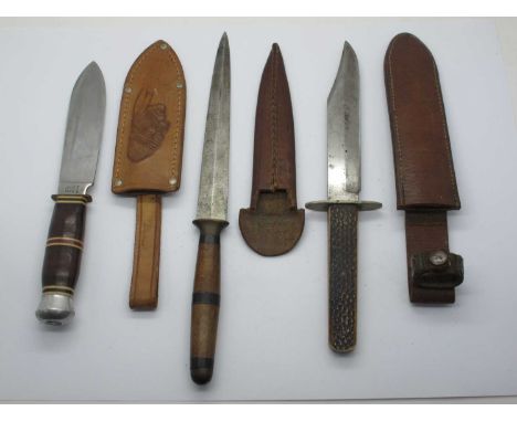 Bowie knife, stag scales n/s guard 24.5cm in leather sheath, bowie knife anton wingen jnr Germany, leather handle with faux s