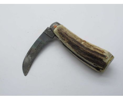 Flat Brass Bottom Pruner, stag scales, metal bolster, Wingfield and Robottom and Co, 9.5cm.