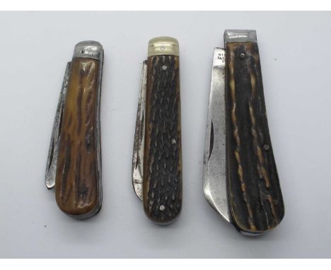 H. Barnascone and Son, stag scales, single blade, 10cm, E. Blyde and Co, Sheffield, two blades, stag scales 9cm. un-named, st