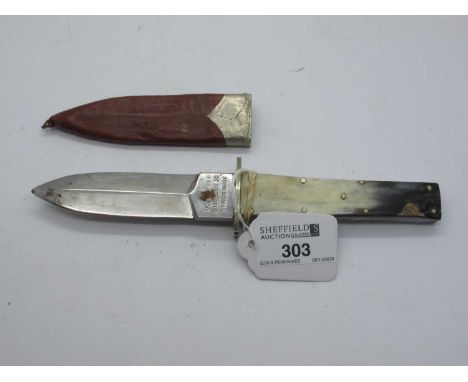 John Nowill, Sheffield, double edge dagger, blade 10cm, horn handle in leather case.