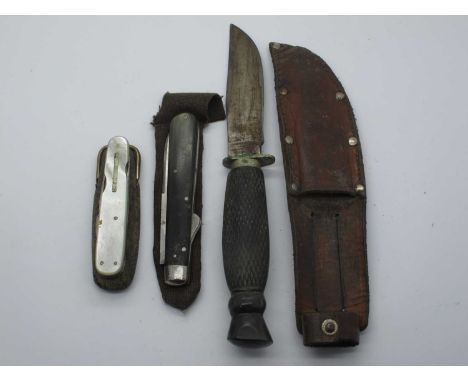Pocket Knives; Brooks and Crookes lobster type knife, three blades, spike, nail file, button hook, Mother of Pearl scales, br