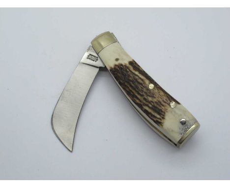 Flat Brass Bottom Pruner, A. Wright, stag scales, brass linings n/s bolster, clicks open/close, no wobble, 10cm