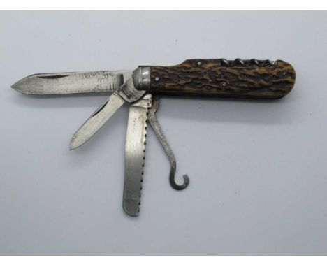 Rodgers, two blades, saw, shoe hook, corkscrew, awl, drill, needle, stag scales, all click, 9cm.