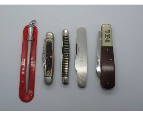 Ibberson Two Blade, engine turned scales 8 cm; Richards two blade, zebra scales, brass bolsters 7 cm; Minature sharpening ste