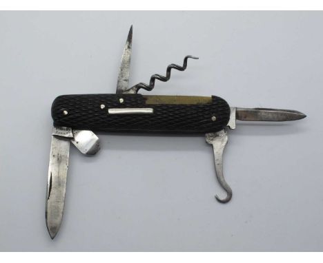 Pocket Knife, Hunter, and Son, two blades, button hook, screwdriver, awl, corkscrew, chequered horn scales,