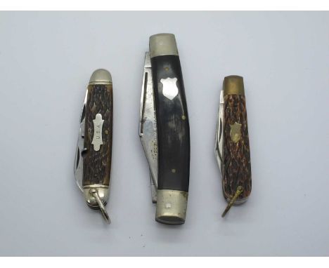 Premium Stock Knife, three blades horn scales, m/n/s bolsters, brass linings 13cm, Camillus Cutlery Co, New York, blade, awl,