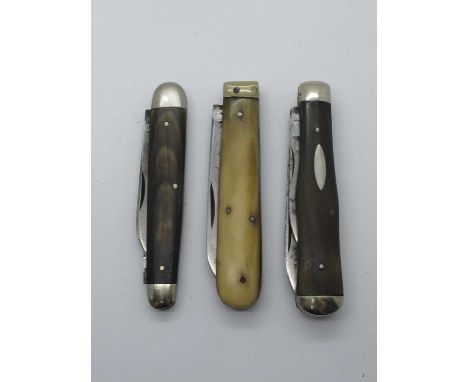 J. Nowill, Sheffield, blade, polished horn scales, brass bolster, 9cm, F. Dodd, Sheffield, horn scales two blades, n/s bolste